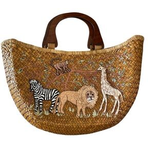 Vintage 2004 Cappelli Straworld basket weave Safari animal  Purse Wood Handles